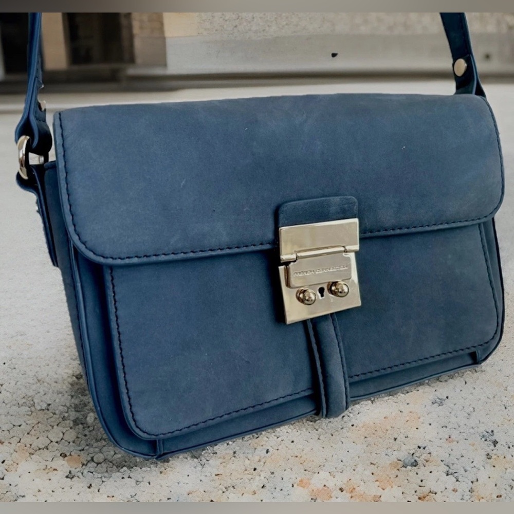 French Connection Navy Shoulder Bag Vegan Leather Gold Hardware Crossbody Purse